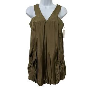 Sunner 100% Silk V Neck Boxy Mirco Mini Dress Size 2 Green Goblincore Fairy NWT